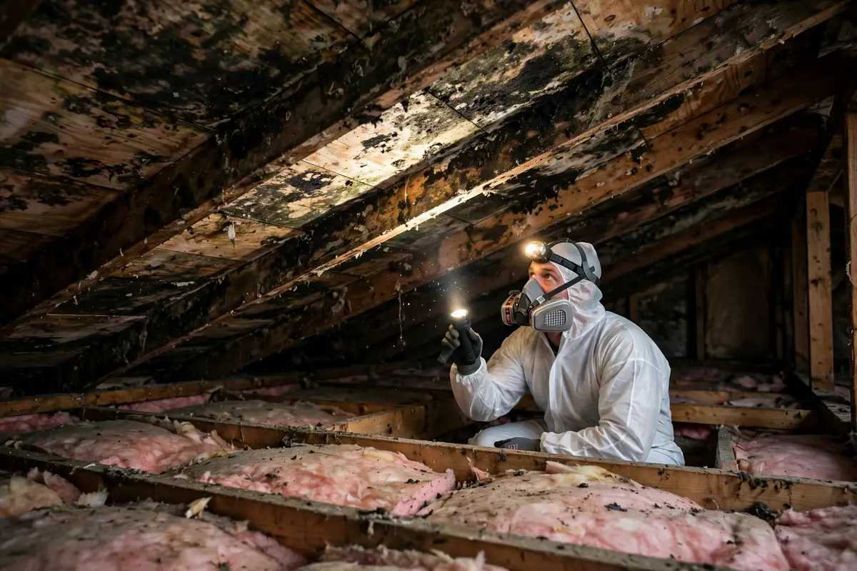 Attic mold removal Nashville: a technician with a headlamp inspecting dark mold growth on attic roof decking and rafters in a Nashville home