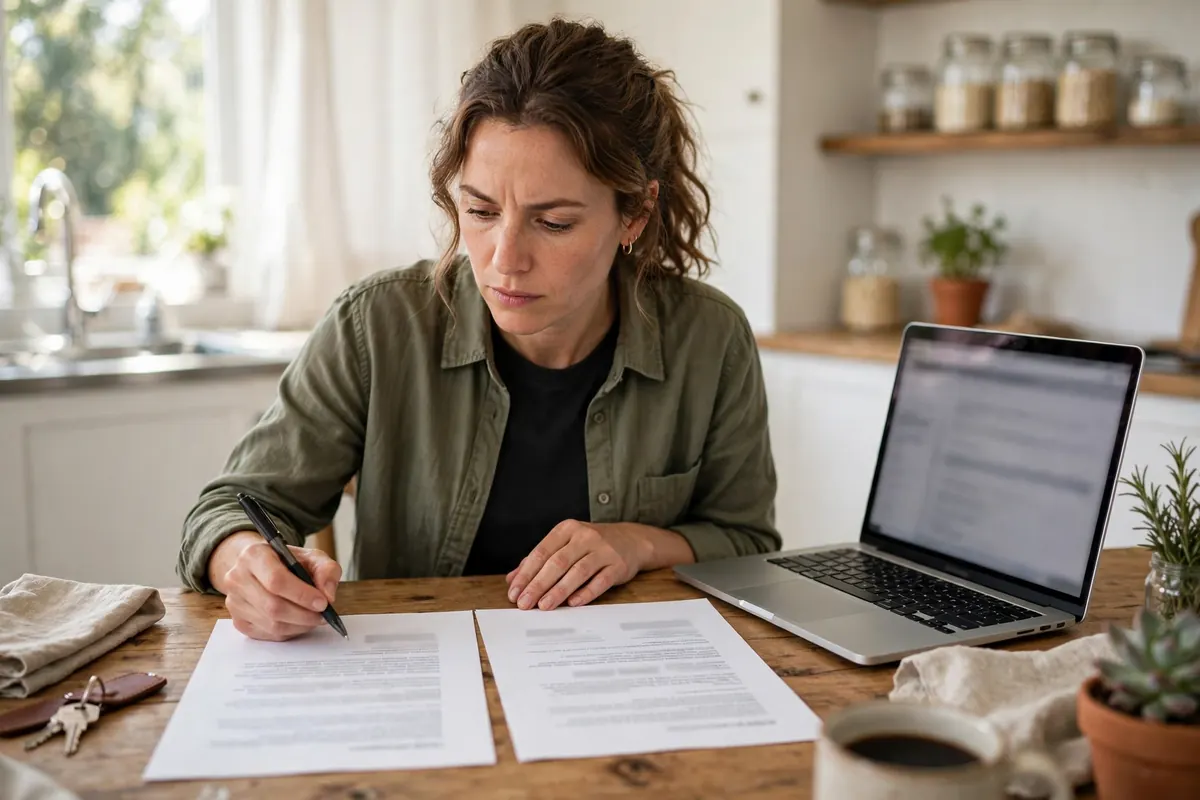 Mold remediation companies Nashville: a homeowner comparing two written, itemized remediation scopes side by side at a kitchen table in a Nashville home