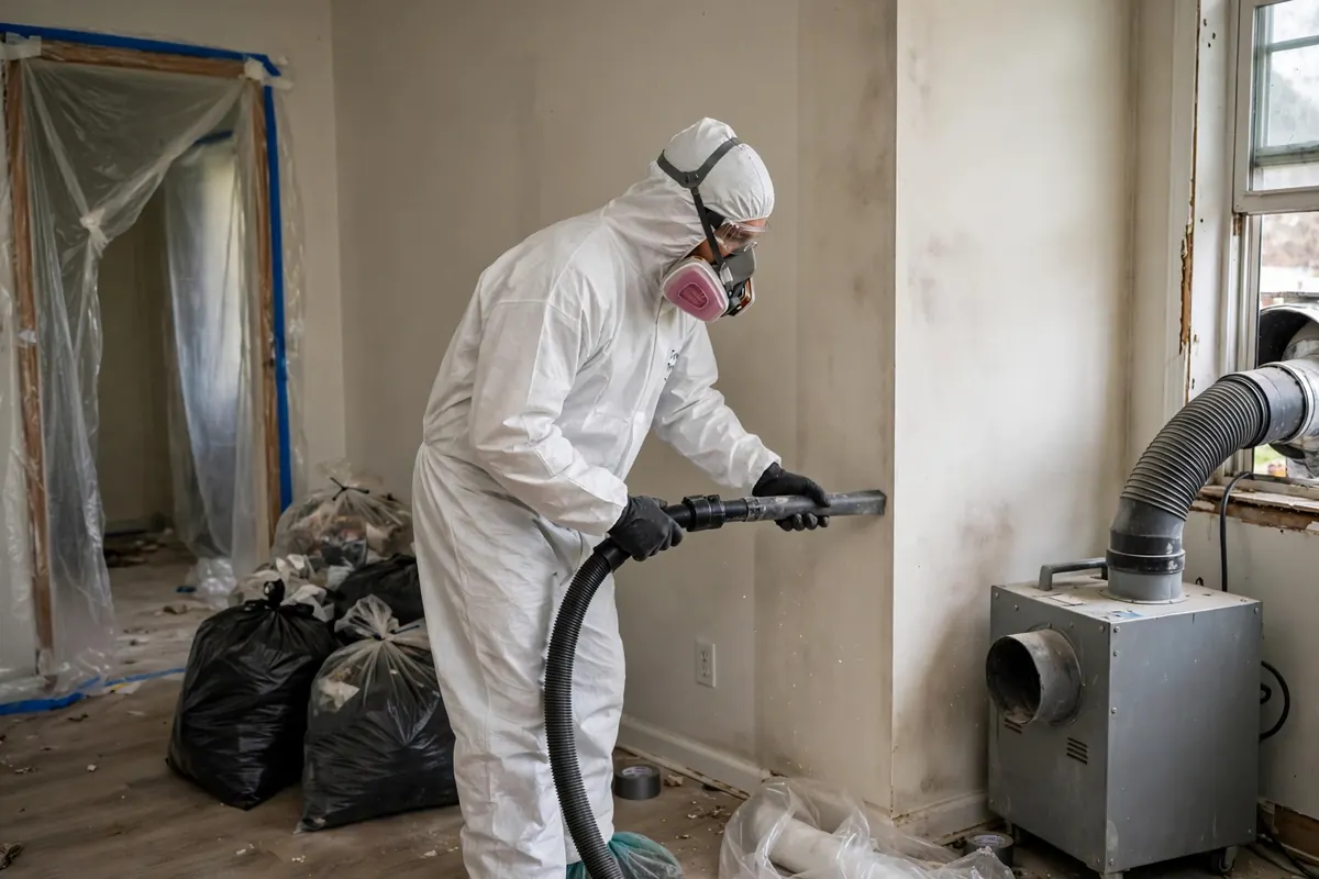 Mold removal Nashville: a technician HEPA-vacuuming a contained work area while removing moldy drywall in a Nashville home